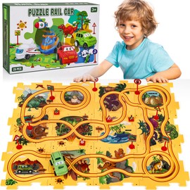 25PCS Puzzle Racer Kids Car Track Set Dinosaur Themed Series, Puzzle Track Car Play Set, Rail Car Puzzle Track, Kids Car Track, Educational Puzzle Toys Gifts for Kids Boys and Girls