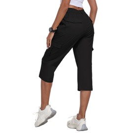 MoFiz Women's Cargo Capris Pants Summer Casual Lightweight Cotton Hiking Travel Capri Pants with 6 Pockets Black M