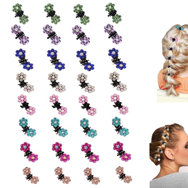 Brateuanoii Pack of 32 Mini Rhinestone Hair Clips, Mini Metal Hair Pin, Plum Diamond Hair Clips, Suitable for Girls, Women, Hair Accessories, Wedding, Prom, Headpiece, 8 Colours