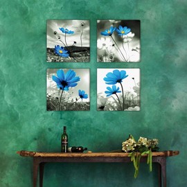 LOZULO Wall Art Pictures for Living Room, Blue Flowers Wall Artwork Canvas Prints Framed for Hallway and Stairs Kitchen Bedroom Bathroom Decor 30x30cm