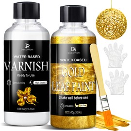 Liquid Gold Leaf Paint Kit - 3.53oz Ultra Shiny Quick Dry Metallic Gilding Paint, High Gloss Finish with Varnish - Non-Toxic, Waterproof Gold Leaf Paint for Crafts, Resin Art, DIY, Furniture, Wood