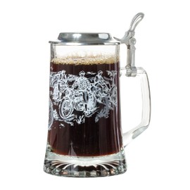 Glass Motorcycle Etched Design Beer Stein with Metal Lid and Thumb Lift