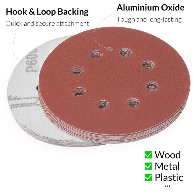 YoiYee 600 Grit Sanding Discs Pads, 8 Holes, 125mm/5-inch Hook
