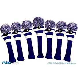 Majek Golf Club 1 3 5 7 9 11 13 White and Blue Limited Edition Driver and Fairway Wood Head Covers Fits 460cc Drivers Tour Knit Retro Vintage Pom Classic Long Neck Metal Longneck Woods Headcovers