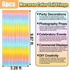 6 Pack Rainbow Foil Fringe Curtain Backdrop, 3.28Ft x 9.8Ft Metallic Tinsel Foil Fringe Streamer Curtains for Photo Booth, Valentine's Day， Wedding, Birthday, New Year Party Decorations