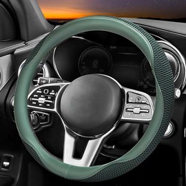 Carodi - Funda para volante de coche, piel y tela de seda de hielo transpirable, cómoda, antideslizante, cálida en invierno y fresca en verano, universal de 15 pulgadas (verde)