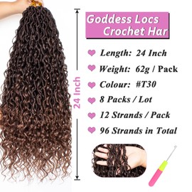 Samtress 24 Inch New Goddess Locs Crochet Hair 8 Packs Pre Looped Bohemian Soft River Faux Locs Crochet Braids Extensions Boho Hippie Style Synthetic Hair with Curls for Women (Omber Brown)