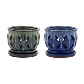 Napco Imports 13584 Weathered Green Blue Cutout Orchid 6.25 x 6.25 Ceramic Standing Indoor Outdoor Garden Planter Pot with Saucer Set of 2
