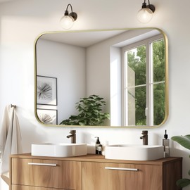 JENBELY Brushed Gold Mirror, 24"x36" Rectangle Bathroom Mirror, Metal Frame Rectangle Corner Vanity Mirror, Wall Mounted Mirror for Modern, Living Room, Bedroom, Horizontal Or Vertical