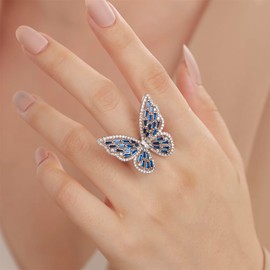 Aimimier Crystal Butterfly Ring Cubic Zirconia Open Adjustable Bow-Knot Knuckle Ring Sparkling Festival Prom Butterfly Jewelry for Women(Silver-blue)
