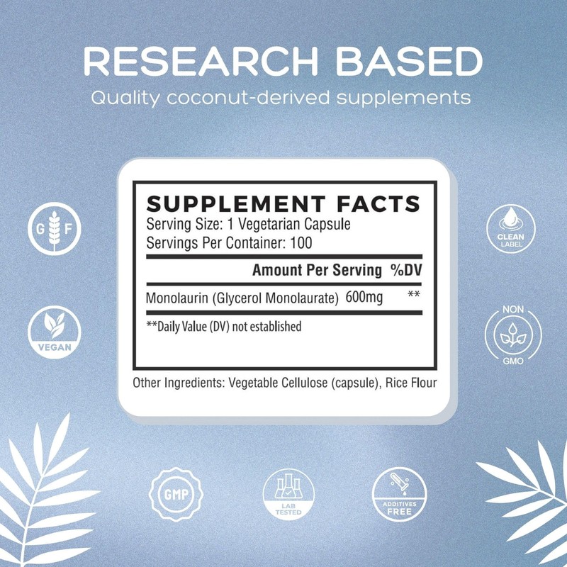 Palmara Health Premium Monolaurin 1,200mg per 2 capusle Serving, 1