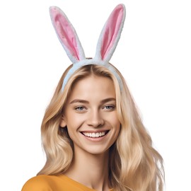 Delfd Cute Fluffy Bunny Ears Headband, Rabbit Headband Cute Bunny Hairband for Makeup Face Washing, Rabbit Ears, Pink and White
