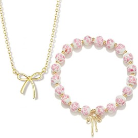 VelvetGlow 14k Gold Bow Armband and Necklace Set, Delicate Pearl Bracelet with Bow Pendant Choker, Jewellery Gift Set, Perfect Jewellery Gift for Women, Friends and Birthdays