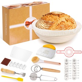 Toyvile 10-Teilig Sauerteig Starter Set, 23 cm Gärkorb Rund, Gärkörbchen Brot und Komplettset Backzubehör, Brot Backen Zubehör, Gärkorb Brot Set,Sourdough Starter Kit