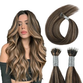 ABH AmazingBeauty Nano Tip Hair Extensions - Real Human Hair, Nano Ring Highlight, Cold Fusion, 50g/s, Chocolate Brown Caramel Blonde #P4-27, 22 Inch