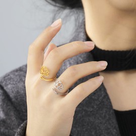 TEAMER Resizable Lotus Ring Stainless Steel Semicolon Ring Yoga Meditation Om Symbol Ring Inspirational Jewellery for Women Teenager Girls, Stainless Steel, No Gemstone