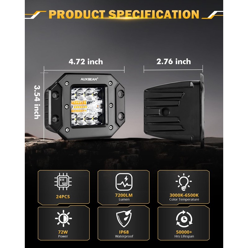 Auxbeam 5 Inch Flush Mount Led Light Pods, Amber Flush