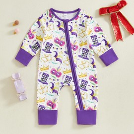 Lamuusaa Newborn Baby Girl Boy Mardi Gras Outfit Long Sleeve Mask Crown Romper Zipper Bodysuit One Piece Jumpsuit (White, 0-3 Months)