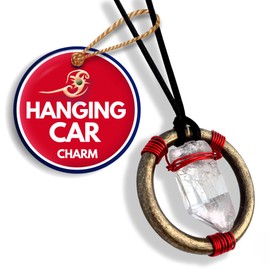 Brazilian Crystal Quartz Hanging Car Charm Protection Amulet - 2-inch Brass Ring - 22-inch Adjustable Cord - Handcrafted in America - Spiritual Talisman (Red Wire Crystal Quartz Point Car Charm)