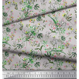 Soimoi Grey Poly Georgette Fabric Leaves,Berries & Clematis Floral Print Fabric by the metre 52 Inch Wide
