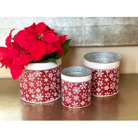 Decorative Metal Buckets Snowflake Embossed Designs Containers Christmas Winter Holiday Decor Accessories Indoor Outdoor (S/3 Red & White Snowflakes)