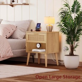 Irontar 17.7''L Nightstand Set of 2, Bedroom Night Stand with Charging Station & Rattan Drawer, Boho Style Bed Side Tables with Solid Legs, Accent End Table with Open Storage, Natural BZZ007ME02