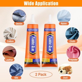 2 Pack Fabric Glue Permanent, 60ML/2.02oz Washable Clear Clothing Glue, Super Fabric Adhesive for Rhinestones, Patches, Clothes, Denim, Leather, Polyester, Fabrics, Doll Repair, Flannel, Cotton