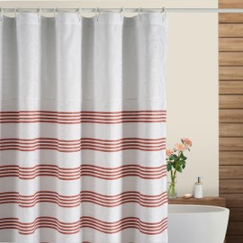 Threadmill - Cortina de ducha 100% algodón | Cortinas de ducha de 72 x 72 pulgadas con patrón Jaquard, lavable a máquina, calidad de hotel, resistente al agua para baño, rayas granate