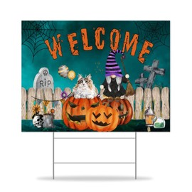 Welcome Pumpkin Gnome Cat Yard Signs Spider Web Graveyard Lawn Sign with Stakes Ghost Haunt 12x18in Weatherproof Garden Signs for Outdoor Pathway Holiday Party Yard Decor