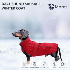 MOREZI Dachshund Raincoat, Waterproof Outer Layer, Fleece Lining, Reflective Trims, Adjustable Belt - Suitable for Small and Medium Dogs, Red, XS