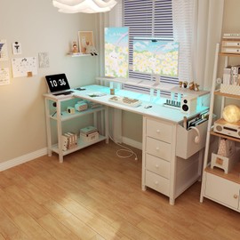 Lufeiya White L Shaped Computer Desk with Fabric Drawers, 55 Inch Corner Home Office Desk with Monitor Stand Shelves, Writing Study Gaming Desks with Led Lights and Power Outlets for Bedroom, White