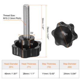 sourcing map 2pcs Star Knobs M10 x 50mm 304 Stainless Steel Threaded Stud 46mm Plastic 6-Star Head Hand Tightening Thumb Screw Clamping Jig Knob Handle, Black
