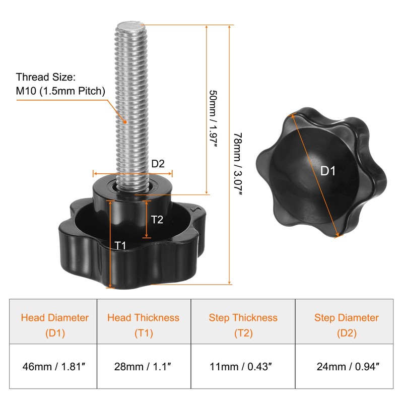sourcing map 2pcs Star Knobs M10 x 50mm 304 Stainless