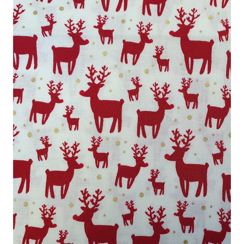 Christmas Fabric - Red Reindeers Stags on Off White -