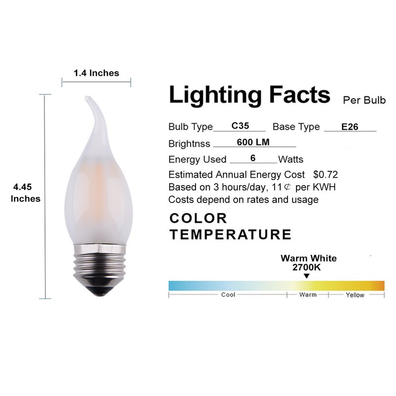 OPALRAY C35 6W Dimmable LED Candelabra Bulb, E26 Regular Base,