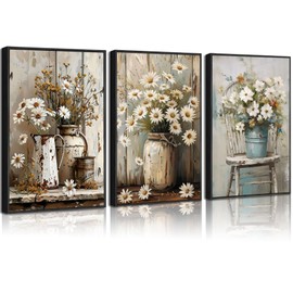 3 piezas de lona floral para decoración de pared, diseño de flores de campo, margaritas blancas, clásico, florero retro, estampado floral, para recámara, baño, sala de estar, 16 pulgadas de largo x 12