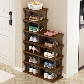AFOORD Vertical Shoe Rack-Tall Narrow Shoe Rack Organizer for Small Spaces,12Tier Bamboo Shoen Shelf for Entryway,Closet,Corner,Doorway,Skinny Shoe Shelf Space Saving Shoe Storage,Free Stackable DIY