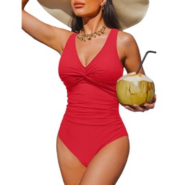 Holipick Traje de baño de una pieza para mujer, cuello en V, estilo vintage, con control de abdomen, monokini adelgazante, Rojo, M