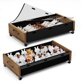 Under Bed Storage with Wheels, Underbed Shoe Storage Containers, Under the Bed Storage Drawers with Lid, Wooden Rolling Blankets Clothes Storage Metal Drawer for Bedroom Dorms Room (Walnut 2pack)