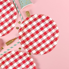 HFBOBP Pack of 50 Gingham Plates, 18 cm Checked Paper Plates, Checked Dessert Plates, Disposable Party Plates, Tableware for Picnic, Wedding, Birthdays, Camping, Party Supplies, Decorations (Red, 18