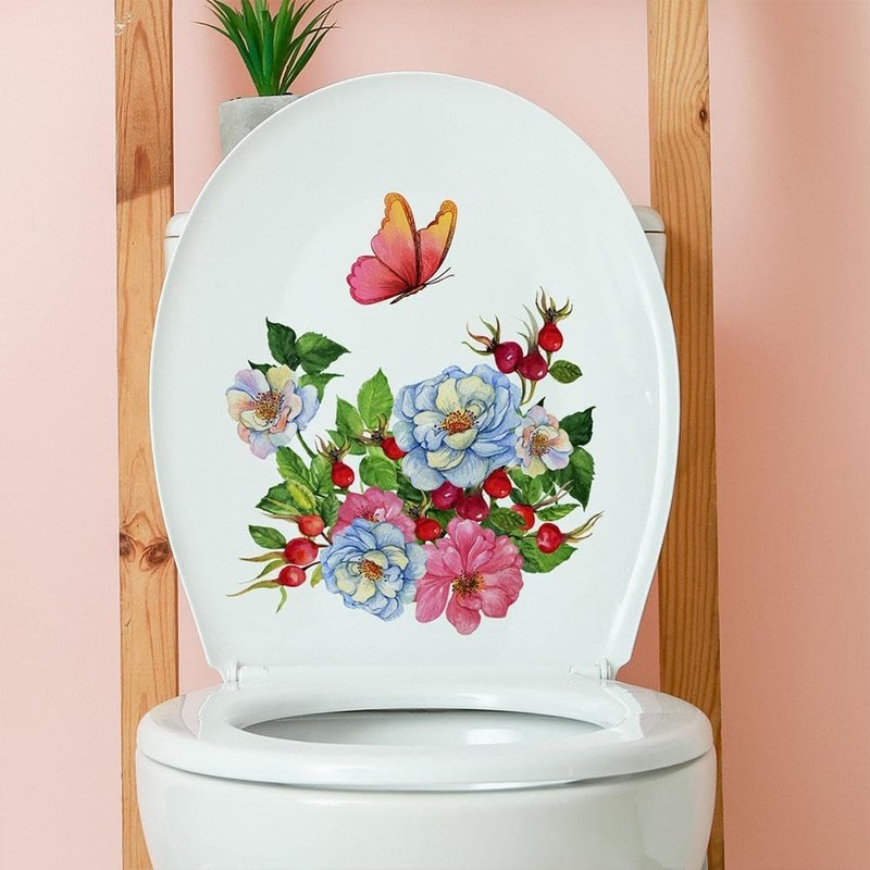 Flowers and Butterflies Toilet Lid Stickers,Removable Vinyl Botanical Flower Toilet