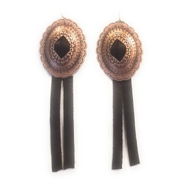 Black Premium Leather Rustic Concho Shield Tassel Earrings Pair 3 Inch Long Copper Shield French Hook Easy On Dangles Gift Boxed