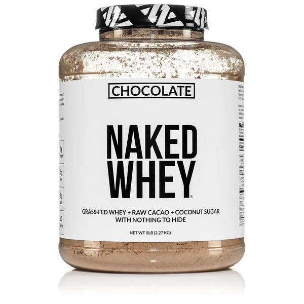 Naked Whey Chocolate Protein - All Natural Grass Fed Whey Protein Powder, Organic Chocolate, and Coconut Sugar 5lb Bulk, GMO Free, Soy Free, Gluten Free Aid Muscle Growth and Recovery 60 Servings