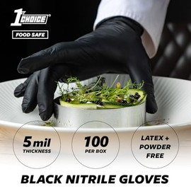 1st Choice Guantes de nitrilo negros desechables sin látex de 5 ml texturizados para cocinar, limpiar, preparación de alimentos, medianos, caja de 100