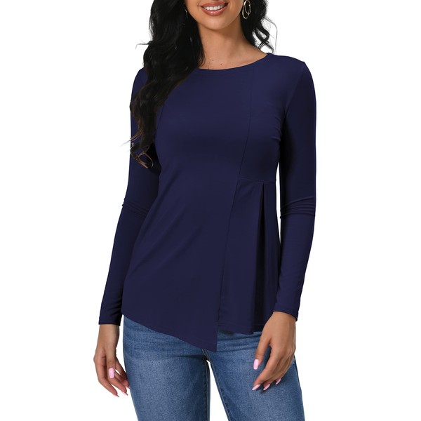 Afibi Camiseta de manga larga ajustada con cuello redondo para mujer, elástica, entallada, básica, Henley, Azul marino, M