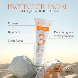 AMBIOSE Protector Solar Facial FPS 50+ Amboise, Bloqueador Solar Toque Seco, Ultraligero, No Graso, UVA/UVB, Sin Capa Blanca, Con Té Verde y Células M
