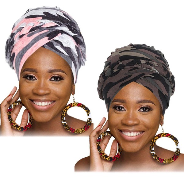 Woeoe African Head Wraps Stretch Braid Chemo Hat Cap Camouflage Print Pre-Tied Head Turbans Headwear for Women and Girls(2 Packs)