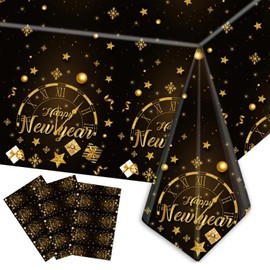 KALOR Happy New Year Decorations 2026 Tablecloths, 3 Pack 108 x 54 Inch Black and Gold Disposable Plastic Tablecovers for New Years Eve Party Supplies 2026