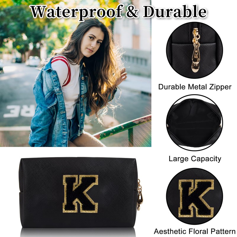 Bolsa de maquillaje con parche inicial personalizada, bolsa de chenilla