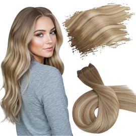 Ugeat Hair Extensions Real Human Hair Sew in Weft Hair Extensions for Women Light Brown Mix Platinum Blonde Balayege Double Weft Hair Extensions Human Hair 14inch 80G